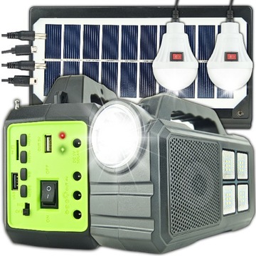 STACJA ZASILANIA AWARYJNEGO PV 2 ŻARÓWKI POWERBANK RADIO BT ZESTAW SOLARNY