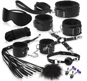 Zestaw BDSM 12 ELEMENTÓW CZARNY SEX GADŻETY DLA POCZĄTKUJĄCYCH KAJDANKI