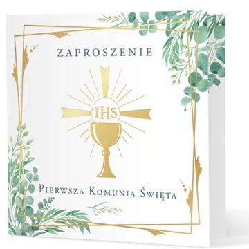 ZAPROSZENIE na PIERWSZĄ KOMUNIĘ ŚWIĘTA + koperta komunijne kwiaty biełe