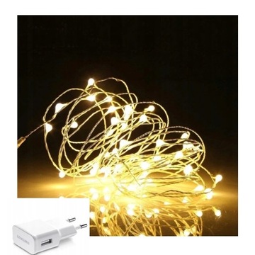 Łańcuch świetlny LED sznur 5m ozdobny + ładowarka