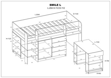 Кровать-мезонин с письменным столом SMILE L sonoma фиолетовый