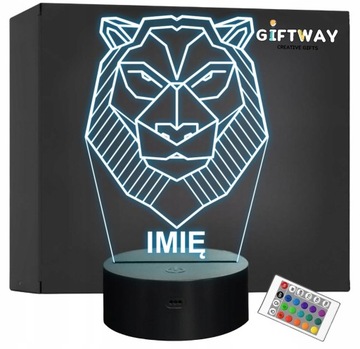 Lampka Nocna LED 3D Z Imieniem Grawer Lew Personalizowana na Prezent
