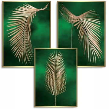 TRYPTYK ZESTAW KOMPLET 3X PLAKATY ZŁOTE LIŚCIE PALMY A2 40x50cm ZIELONY