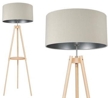 LAMPA STOJĄCA PODŁOGOWA DREWNIANA TRÓJNÓG ZE STOLIKIEM ABAŻUR WELUR 40CM
