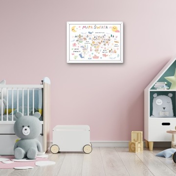 PLAKAT MAPA ŚWIATA ZWIERZĘTA DLA DZIECI + RAMKA A3