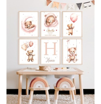 Zestaw 3 plakaty A4 misie z balonami róż dla dziewczynki imię Różne wzory