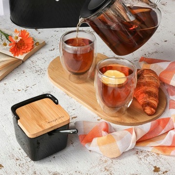 Сахарница с бамбуковой ложкой и крышкой, черный фарфор.