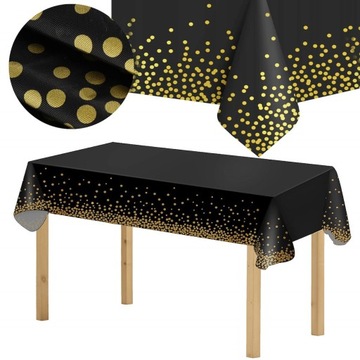 ОДНОРАЗОВАЯ СКАТЕРТЬ ИЗ ФОЛЬГИ СТОЙКАЯ К ПЯТЯНИЯМ ДЛЯ ЧЕРНОГО СТОЛА С ЗОЛОТЫМИ ТОЧКАМИ КОНФЕТТИ