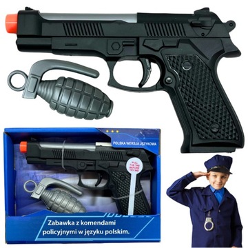 PISTOLET POLICYJNY DLA DZIECI ZABAWKOWY DŹWIĘKOWY POLSKIE KOMENDY ZESTAW