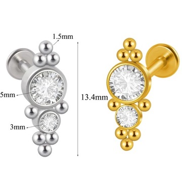 Piercing de acero quirúrgico para labio Labret, Gema de cristal chapada en