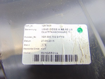 BOK POHOVKA PRAVÝ ZADNÍ ULOŽENÍ AIRBAG VW PASSAT B7 3G5885702D