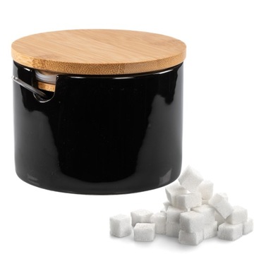CUKIERNICA CZARNA PORCELANOWA Z ŁYŻECZKĄ POJEMNIK