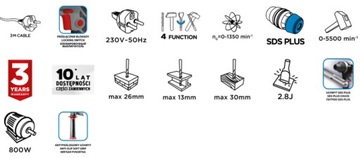 ГРАФИТОВЫЙ МОЛОТОК SDS+ 800W 2.8J 4 функции + сверлильный патрон 58G538