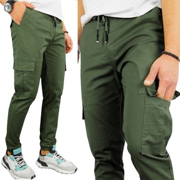 Męskie SPODNIE JOGGERY BOJÓWKI kieszenie KHAKI XL