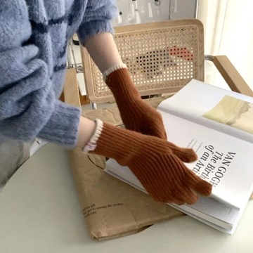Pure Color Knitted Woolen Gloves Female Winter Screen Student Riding Split