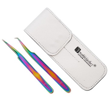 Tęczowe pęsety + białe etui Noble Lashes