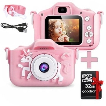 Aparat Dziecięcy Różowy X5 Jednorożec + karta 32GB