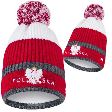 Czapka z pomponem POLSKA POLSKI KIBIC polar termoaktywny ciepła