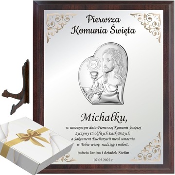 OBRAZEK SREBRNY PAMIĄTKA KOMUNII ŚWIĘTEJ GRAWER Prezent na komunię SREBRO