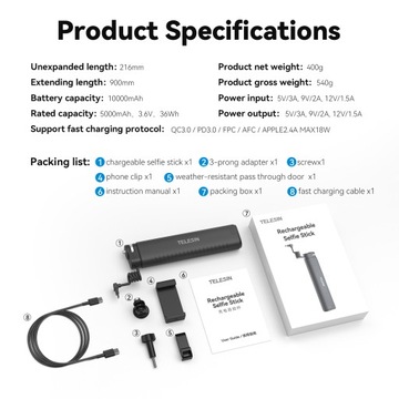 TELESIN TE-CSS-001 Перезаряжаемая палка для селфи