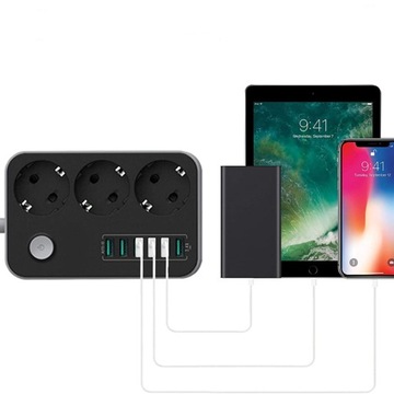 УДЛИНИТЕЛЬ ПИТАНИЯ НА 3 РОЗЕТКИ С ПОРТОМ USB Х 6 ШТ. ДЛУГА 1,8 М