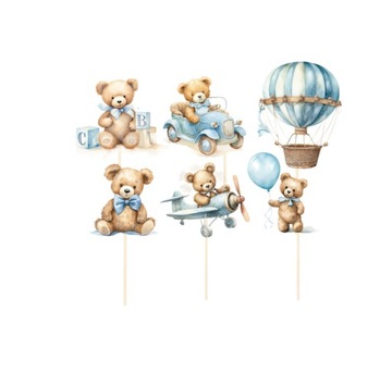 TOPPER NA ROCZEK 1 urodziny PIKERY NA TORT URODZINOWY MIŚ 6 SZT NIEBIESKIE