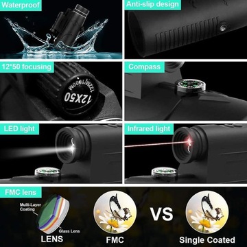 Бинокль 12x50 HD LED с ночным видением, черный