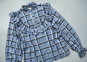 Koszula H&M elegancka krata niebieska w kratkę lyocel falbanki żabot 36/S