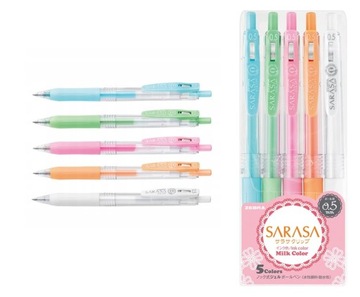 DŁUGOPISY ŻELOWE ZEBRA SARASA CLIP MILK 5 KOLORÓW 0,5MM JAKOŚĆ PREMIUM