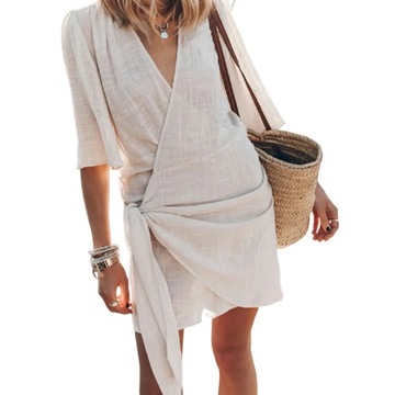 Simple Women Cotton Linen V-Neck Dress 2024 Office