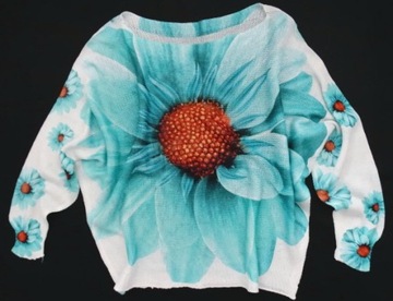 Włoska Nietoperz ażur sweter turkus kwiat KWIATEK