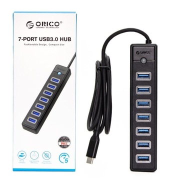 Orico USB-C Hub на 7 портов USB A 3.2 gen1, 5Гбит/с, черный, кабель 1м