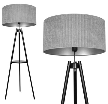 LAMPA STOJĄCA PODŁOGOWA DREWNIANA TRÓJNÓG ZE STOLIKIEM ABAŻUR WELUR 40CM