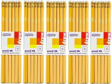 Ołówek Grand lakierowany HB 12szt z gumką żółty x5