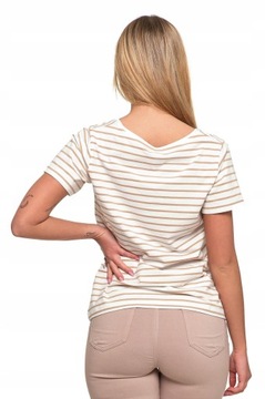T-shirt klasyczny bawełniany w paski bluzka damska BEŻOWA - 2XL