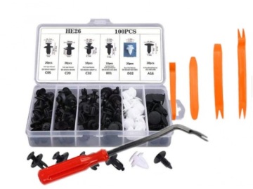 Spinki i kołki samochodowe 100szt + łapka ściągacz