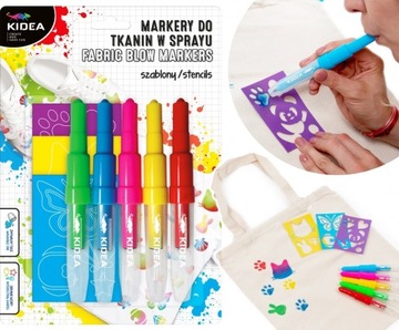 Markery do tkanin 5 kolorów w sprayu z szablonami ZWIERZAKI Kidea (MTSSZ5KA