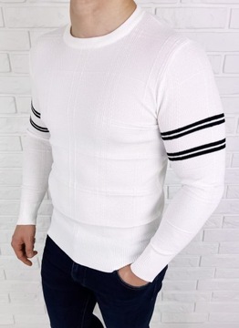 Bialy sweter meski w paski stylovy CHL9010 - XXL