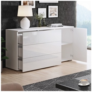 Pojemna Komoda Biała Wysoki Połysk 110 x 39 x 68 cm Szuflada Szafka RTV