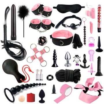 XXL ZESTAW ZABAWEK SEX GADŻETY - KAJDANKI BAT OBROŻA ZACISKI KNEBEL BDSM