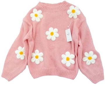 Włoski sweter KWIATY 3D kwiatki wełna wełniany U