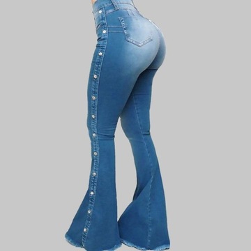 MODNE elegancka spodnie dzwony jeans push up wysoki stan szerokie nogawki