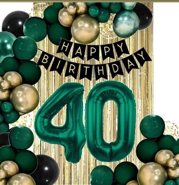 BALONY kurtyna dekoracje na urodziny cyfra 40 lat zielone złote czarne