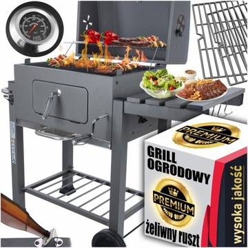 Grill Ogrodowy węglowy na brykiet Zamykany ŻELIWNY ruszt POKRYWA PREMIUM