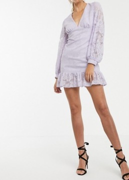 ASOS sukienka koktajlowa koronkowa mini fioletowa liliowa 38