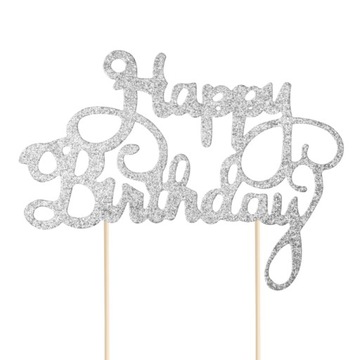 Topper na tort Happy Birthday srebrny