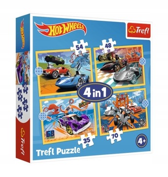TREFL Puzzle 4w1 Pojazdy Hot Wheels Auta 207 elementów Puzzle 4 układanki