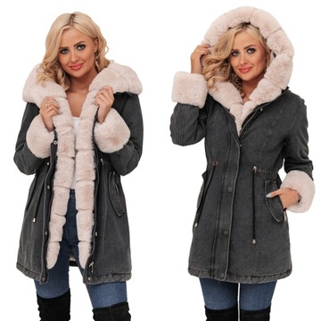 JEANSOWA ZIMOWA PARKA NA MISIU KURTKA FUTERKO XS
