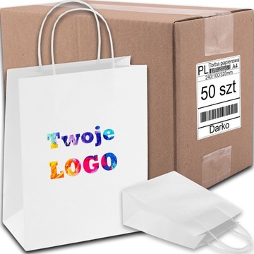 TORBY PAPIEROWE BIAŁE A4 240/100/320 50 SZT TOREBKI EKO NA PREZENT + NADRUK