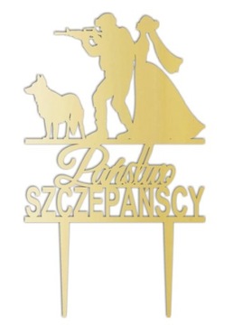 Personalizowany Topper na tort weselny Żołnierz Wojsko Pies złoty lustrzany
